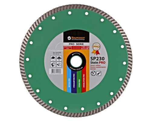 Круг алмазный отрезной 1A1R Turbo 230x2,6x9x22,23 Baumesser Stein PRO