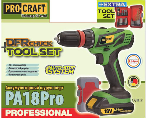 Шуруповерт акумуляторний PRO-CRAFT РА-18 PRO з DFR патроном та набір інструменту