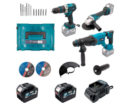 Акумуляторний набір інструментів PROFI-TEC Combo Set 3/2 POWERLine (PBH201BL, DHP485BL, DGA20BL) (2×PT2060HE (6.0 Аг), зарядний пристрій)